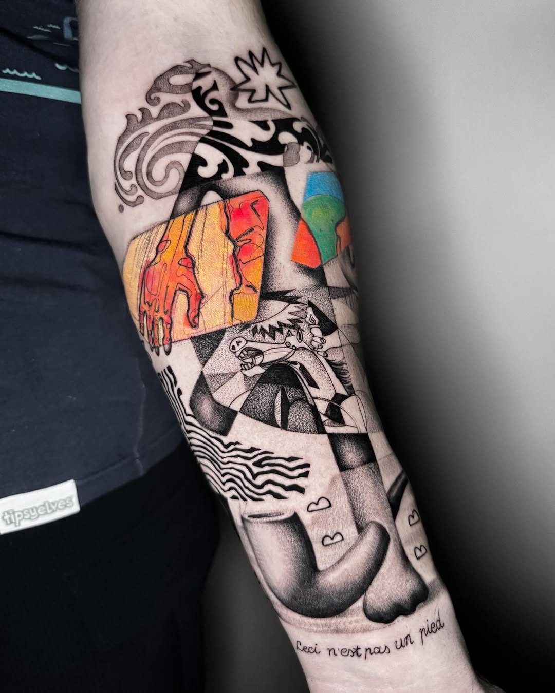 Dynamic pop art tattoo showcasing vivid imagery.