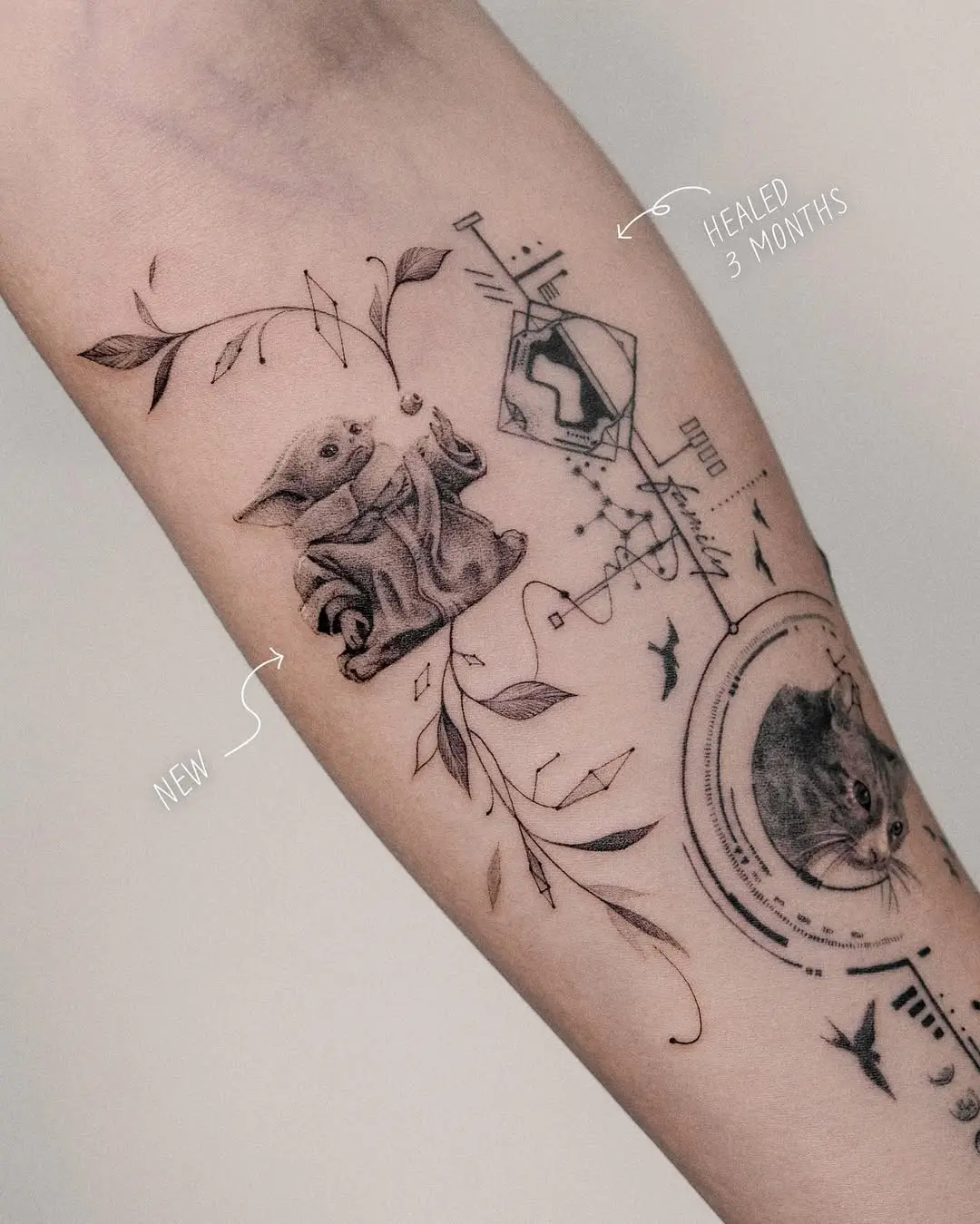 Whimsical Yoda tattoo with intricate details