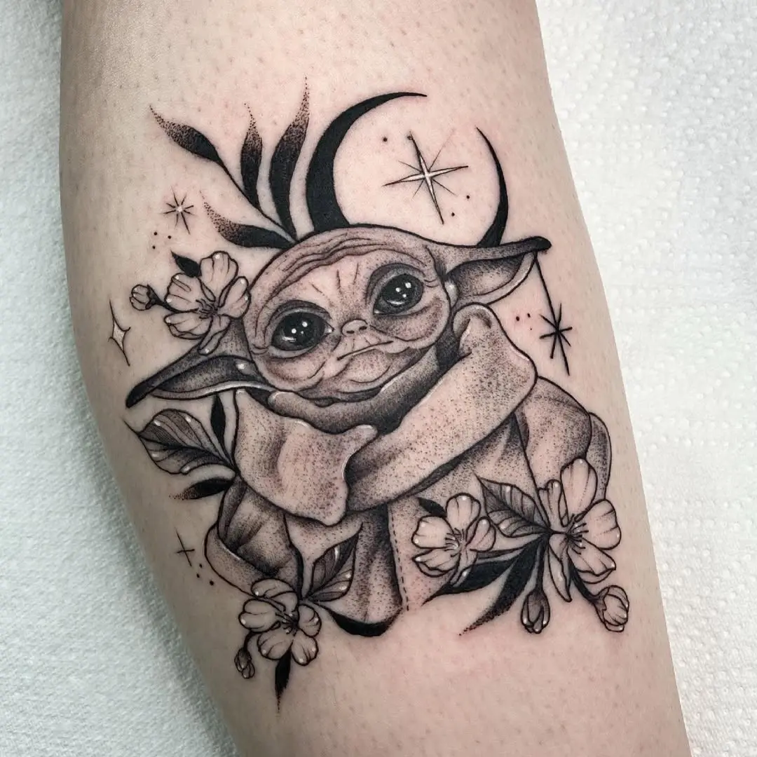 Intricate Yoda Design with Floral Accents