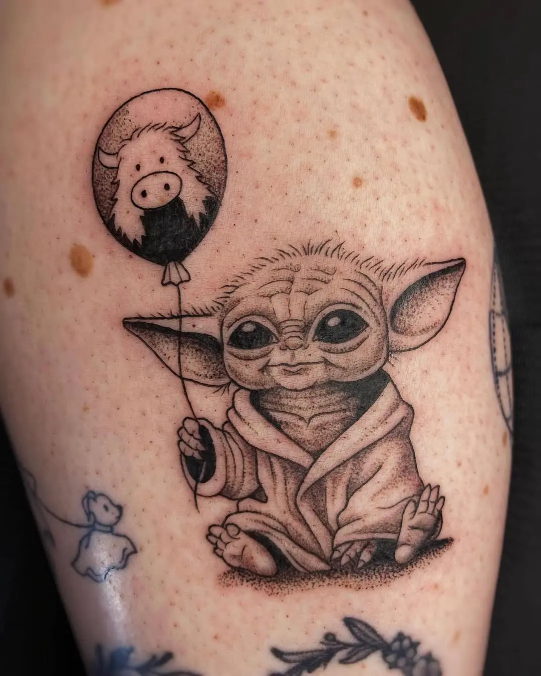 Adorable Yoda Tattoo Holding a Balloon