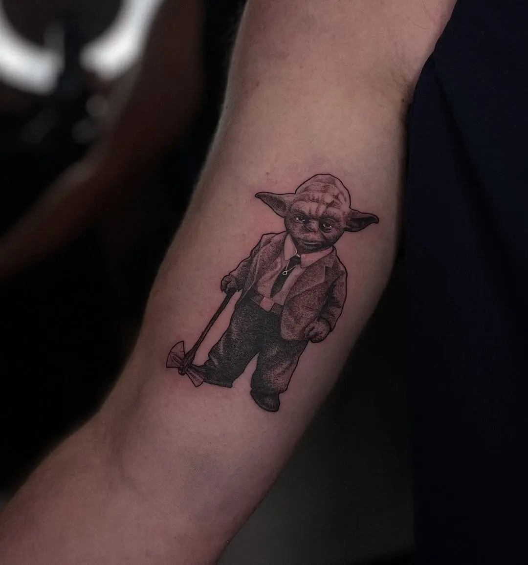 Whimsical Yoda Tattoo in a Suit