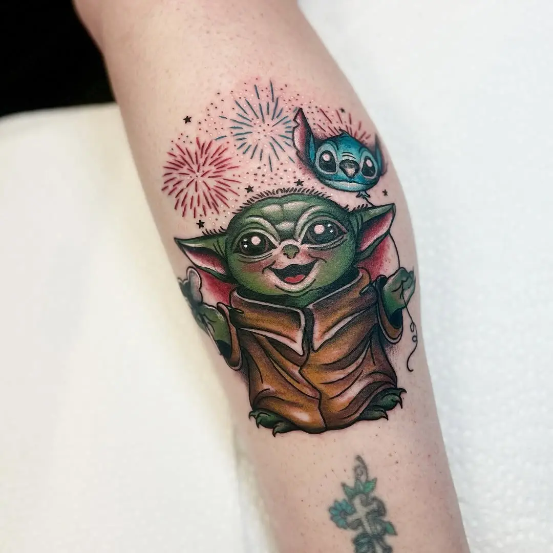Whimsical Yoda tattoo with playful touches