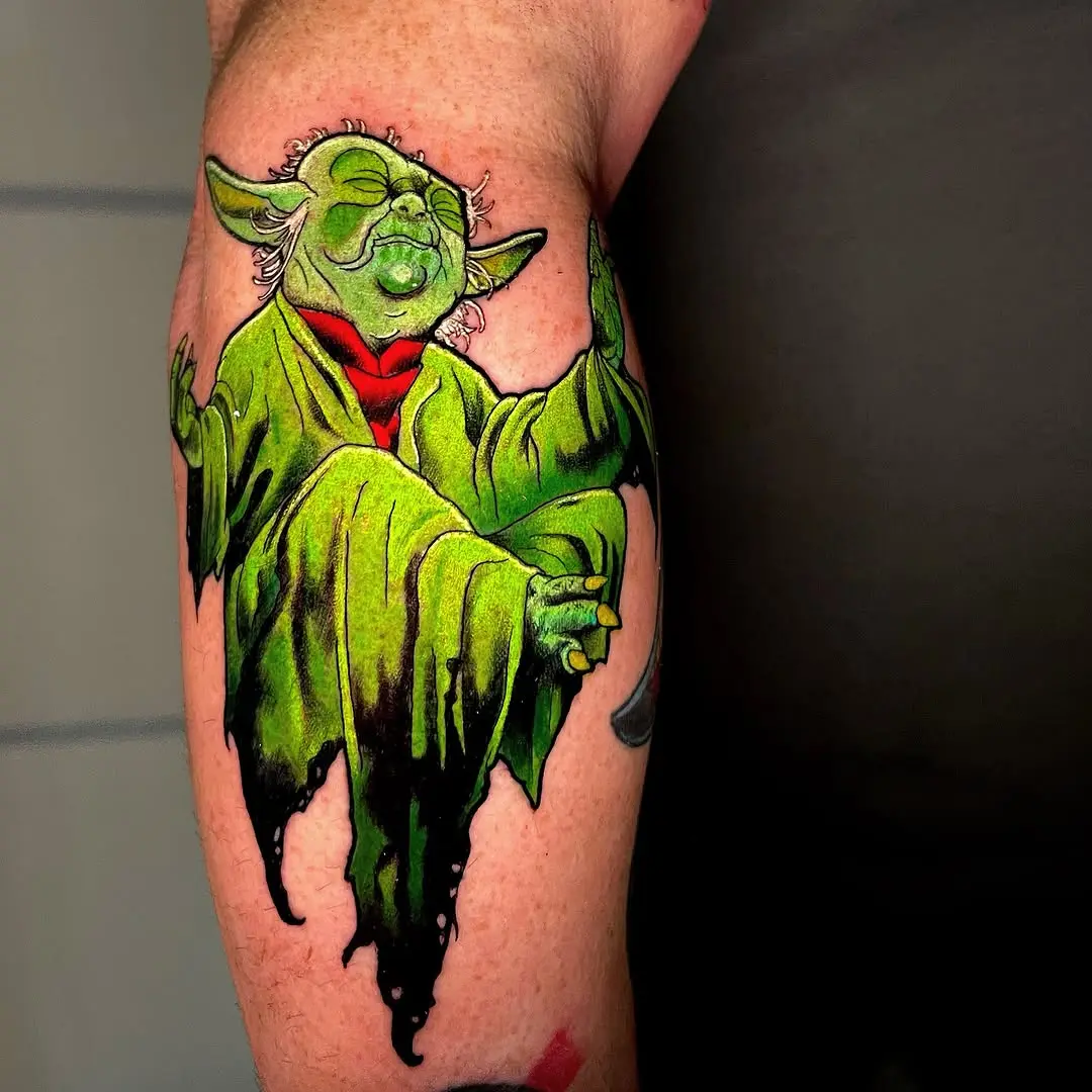 Whimsical Yoda Tattoo in Vibrant Green