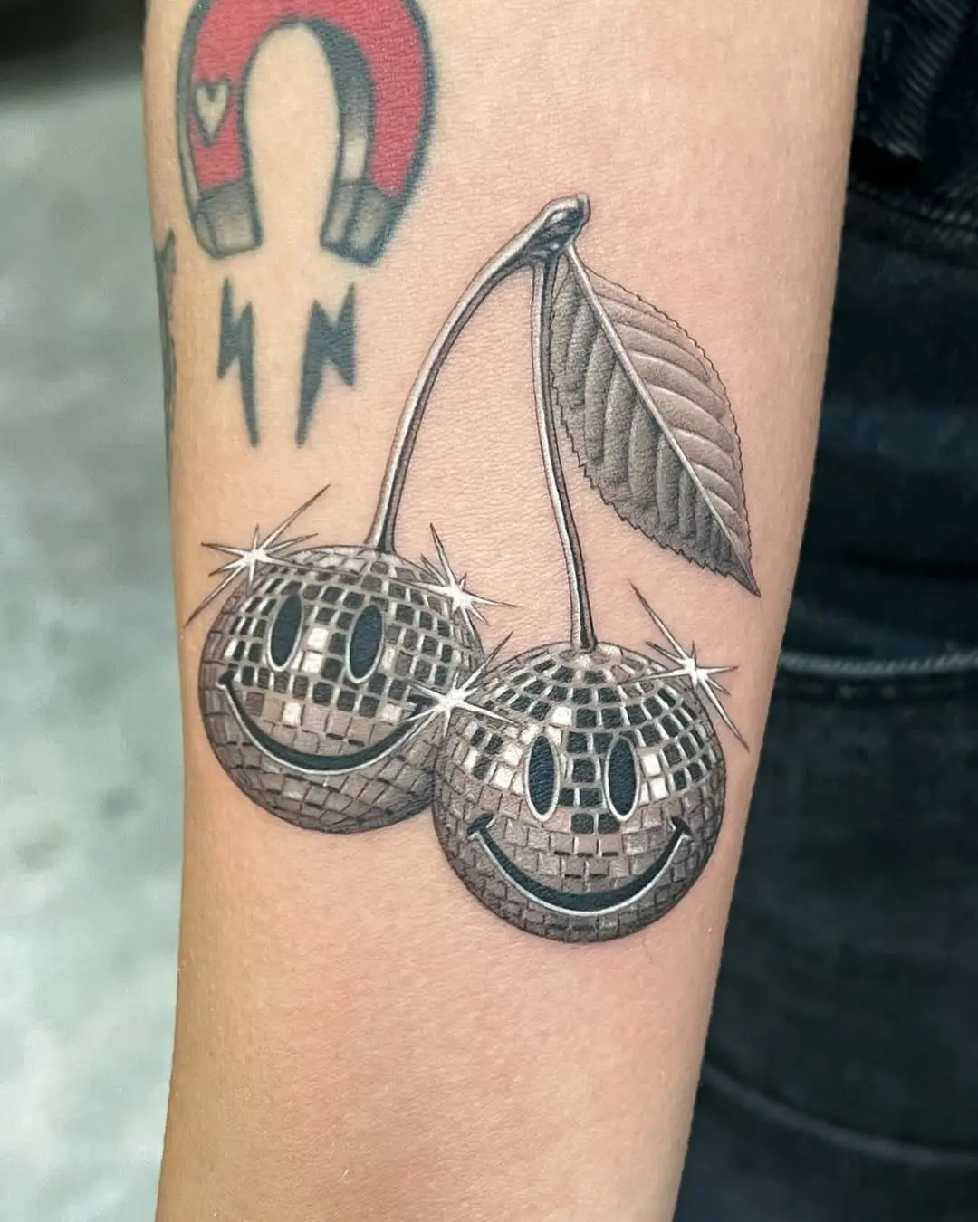 Whimsical cherries with disco ball charm