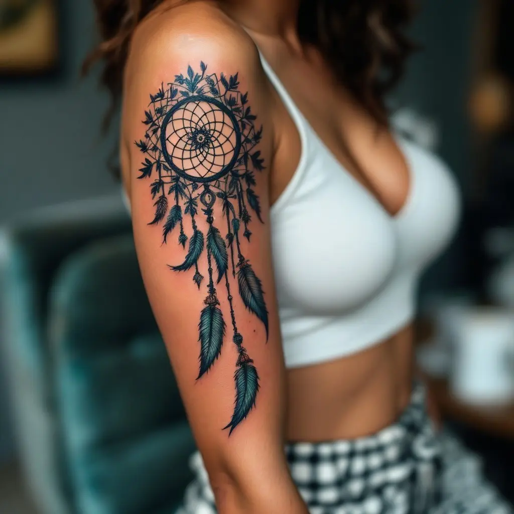 Elegant dreamcatcher tattoo with flowing feathers