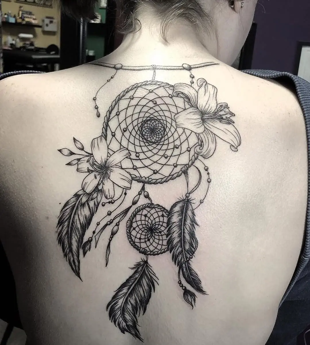 Elegantly crafted dreamcatcher tattoo with flowers