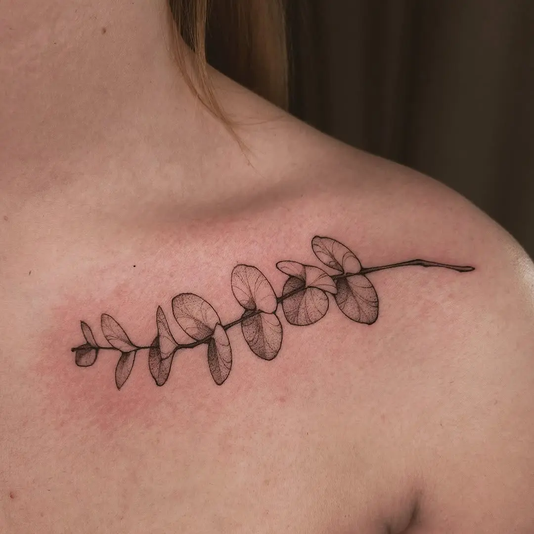 Elegant eucalyptus tattoo adorning the shoulder