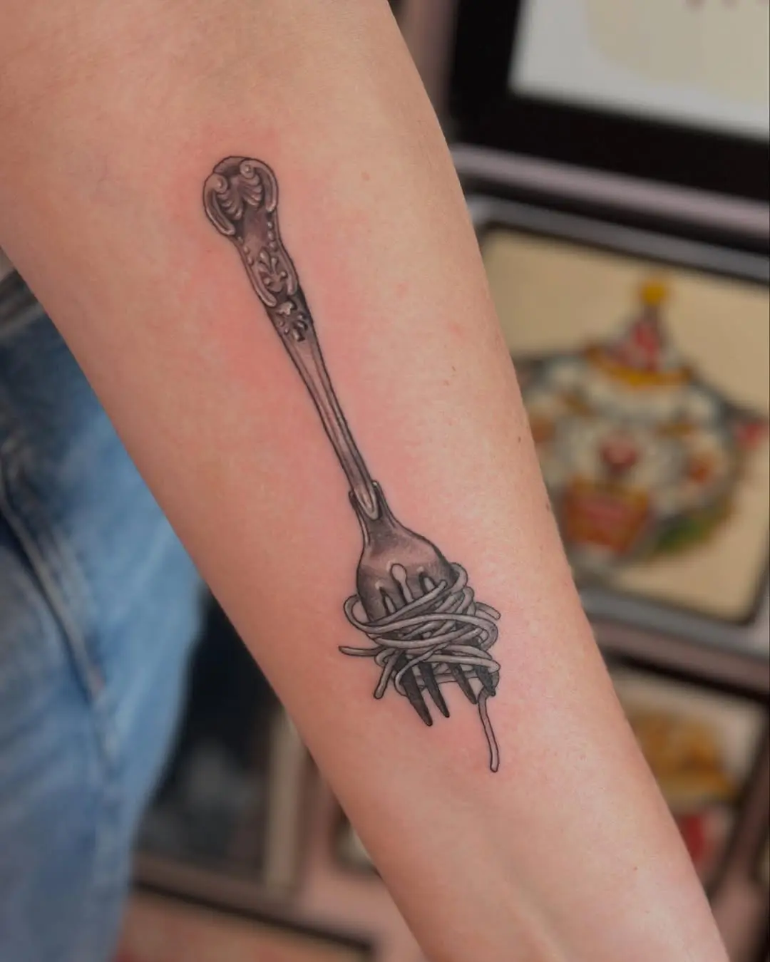 Unique fork tattoo with spaghetti design
