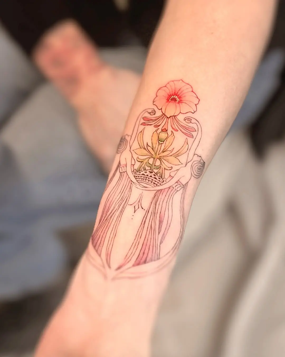 Elegant floral art nouveau tattoo design concept