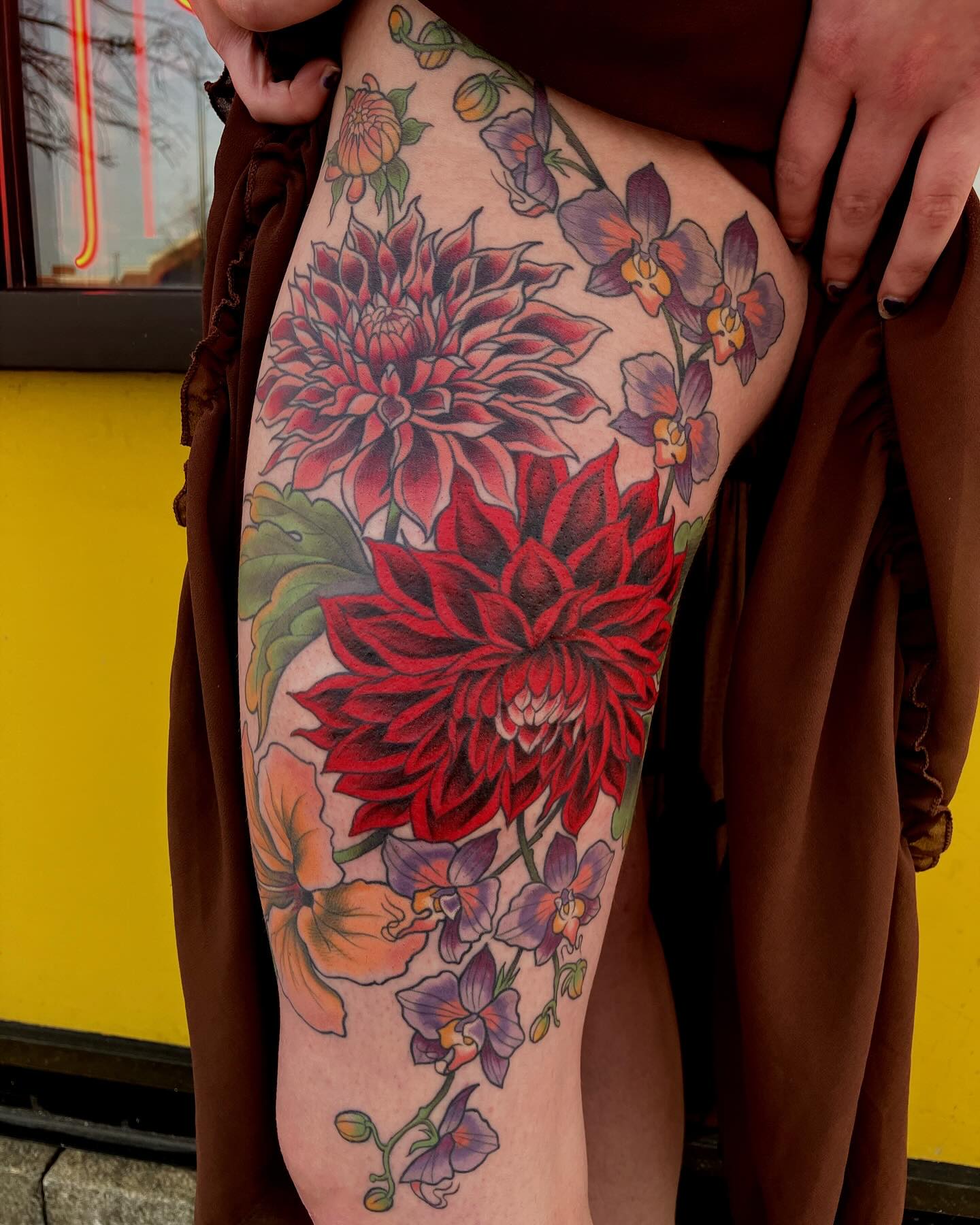 Vibrant Floral Art Nouveau Tattoo Design