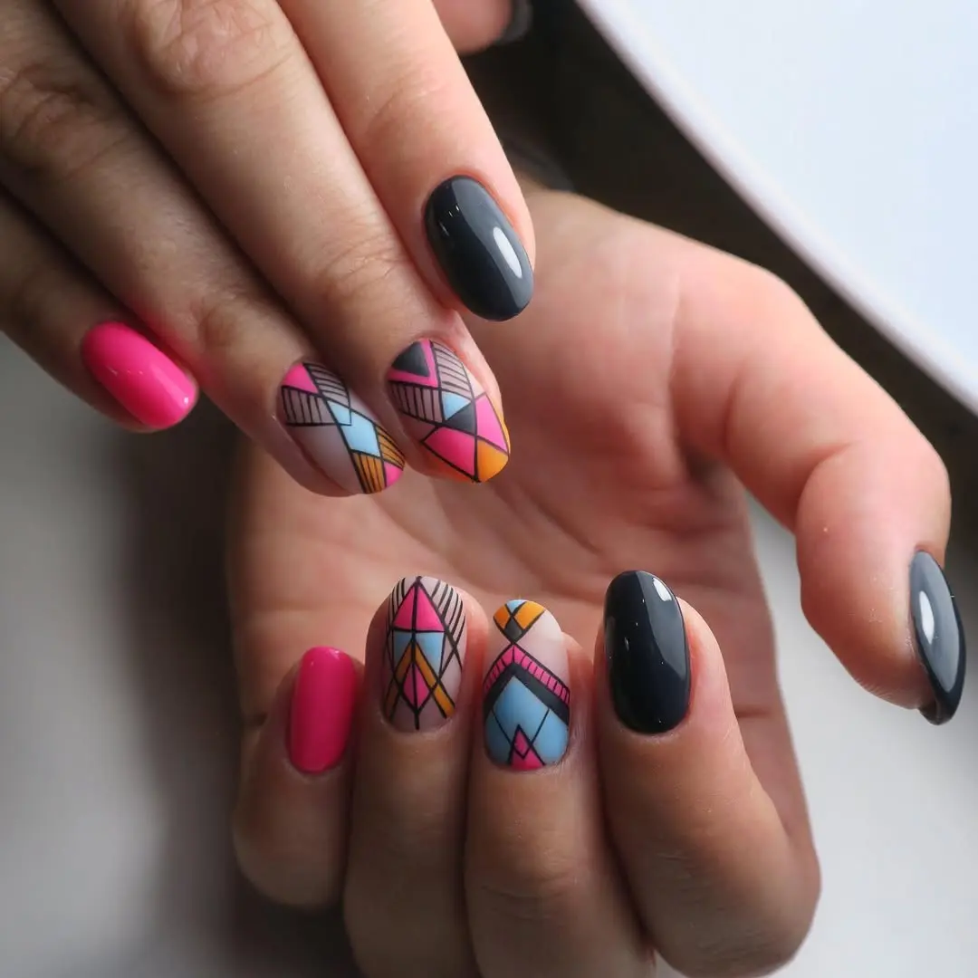 Vibrant Aztec-Inspired Geometric Nail Art