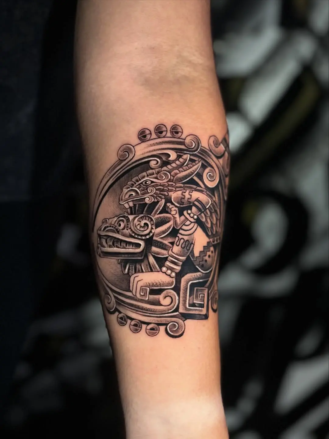 Intricate Aztec design showcasing mythical elements