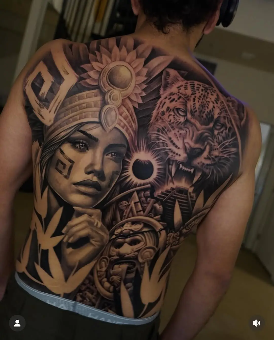 Intricate Aztec-styled tattoo showcasing beauty and power