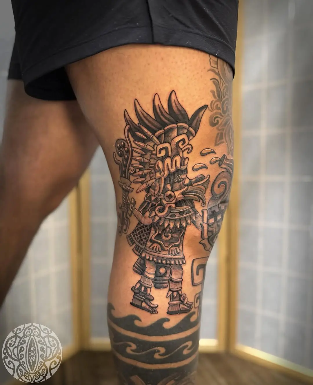 Stunning Aztec Warrior Tattoo on Leg