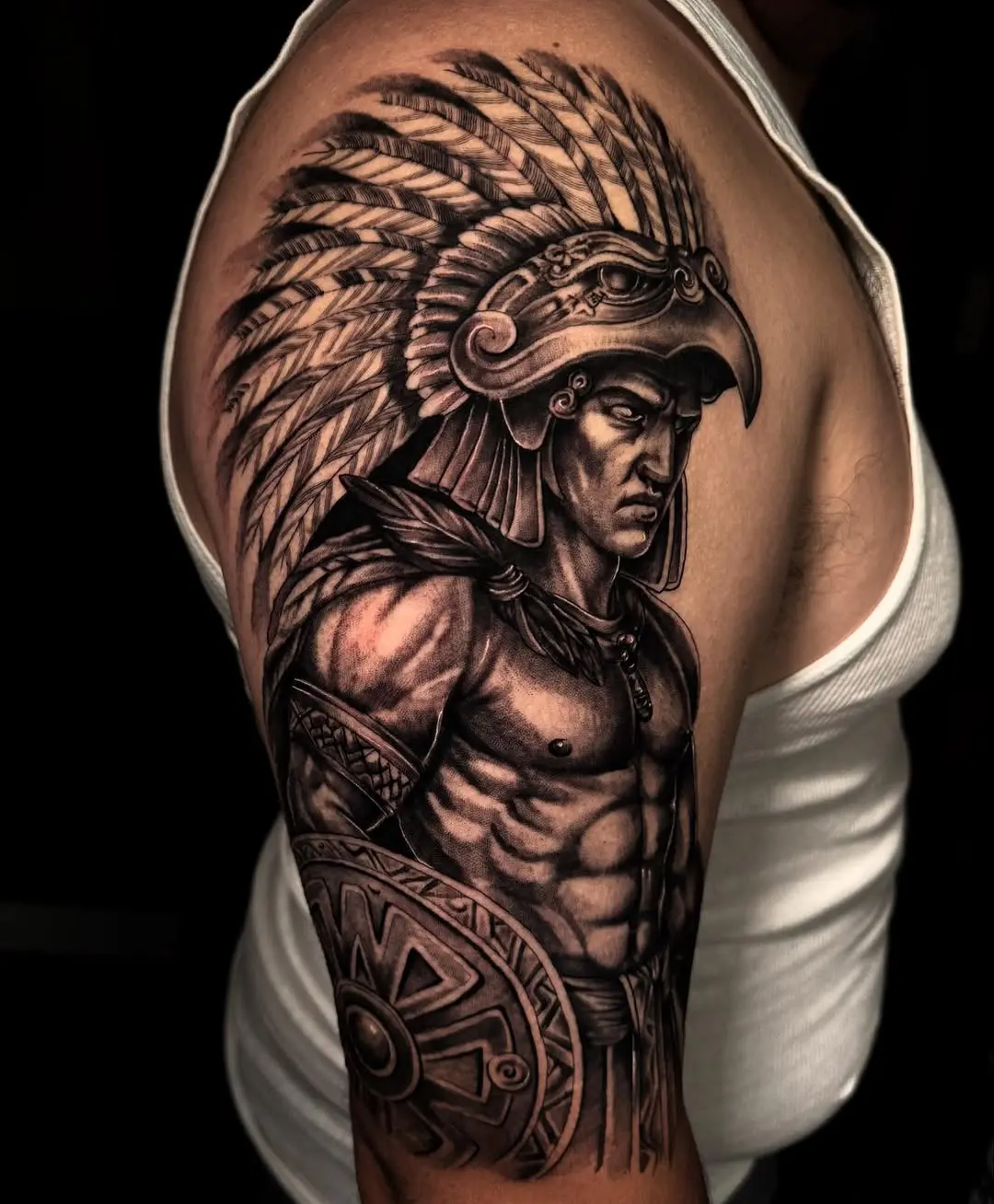 Intense warrior tattoo with Aztec elements