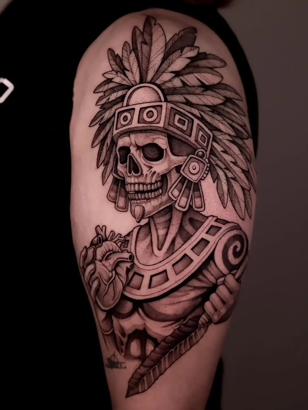 Intricate Aztec Skeleton Tattoo with Feathered Headdress