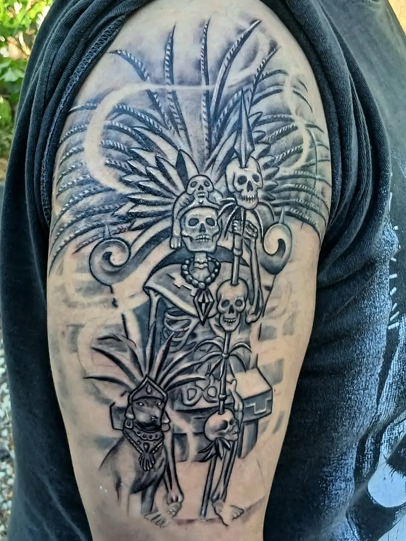 Intricate Aztec skeleton tattoo art