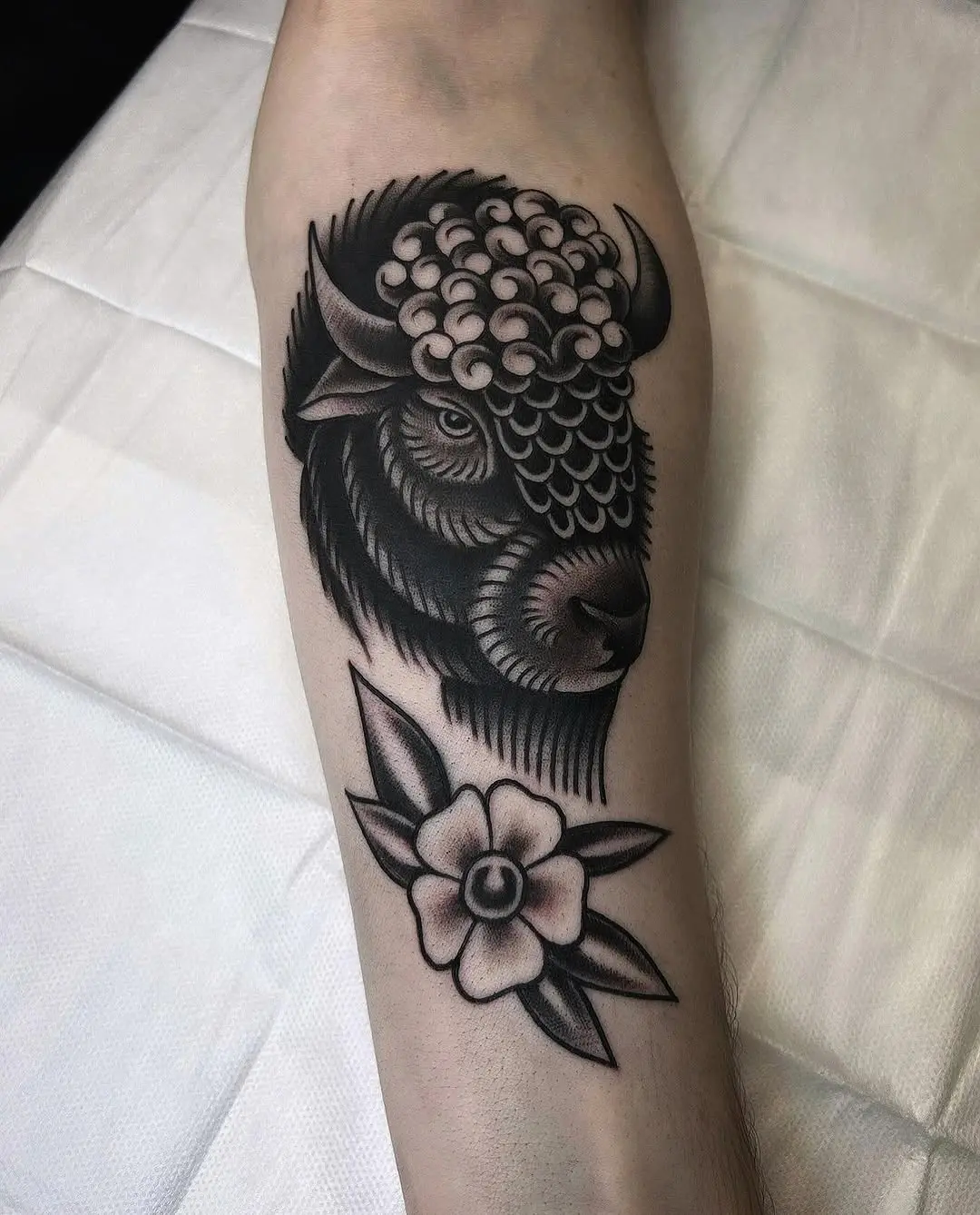 Stylish Bison Tattoo with Floral Elements