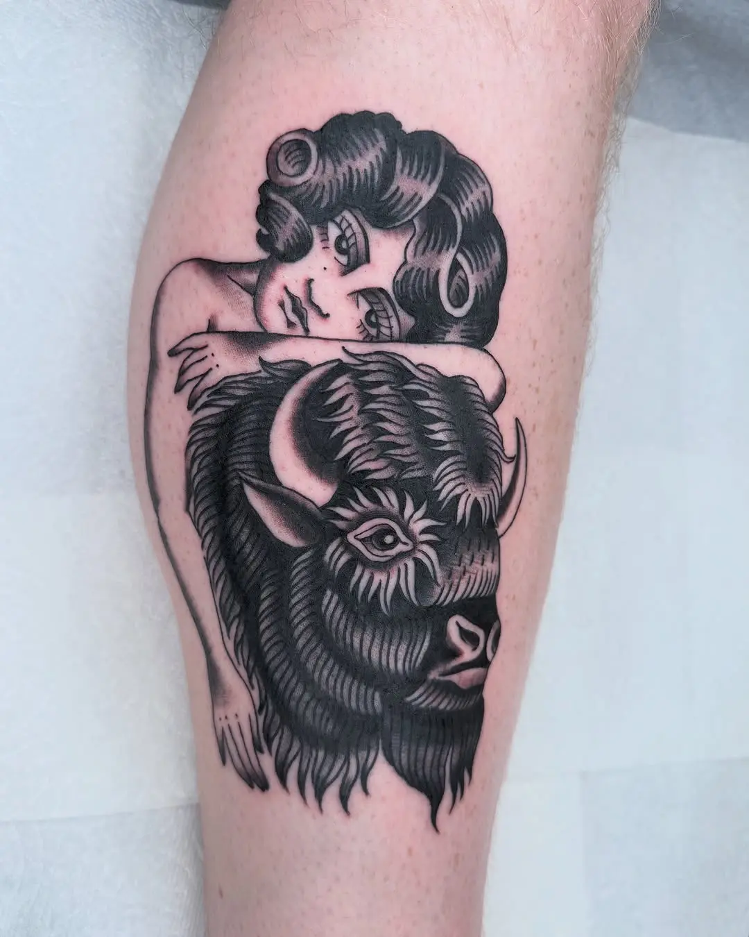 Unique bison tattoo with a vintage twist