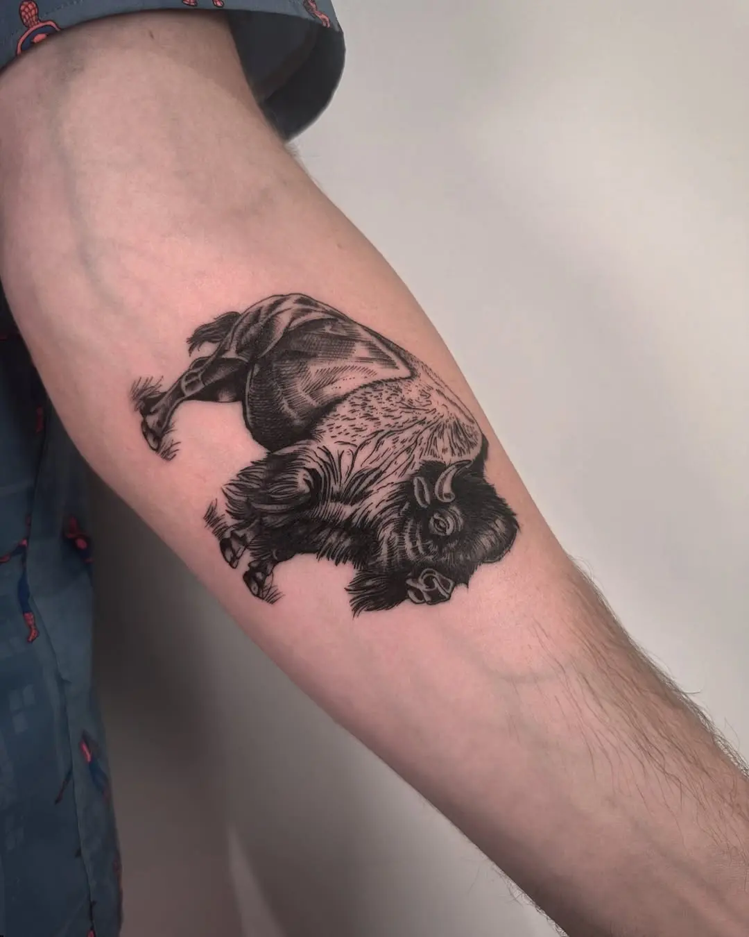 Stunning Blackwork Bison Tattoo on Arm