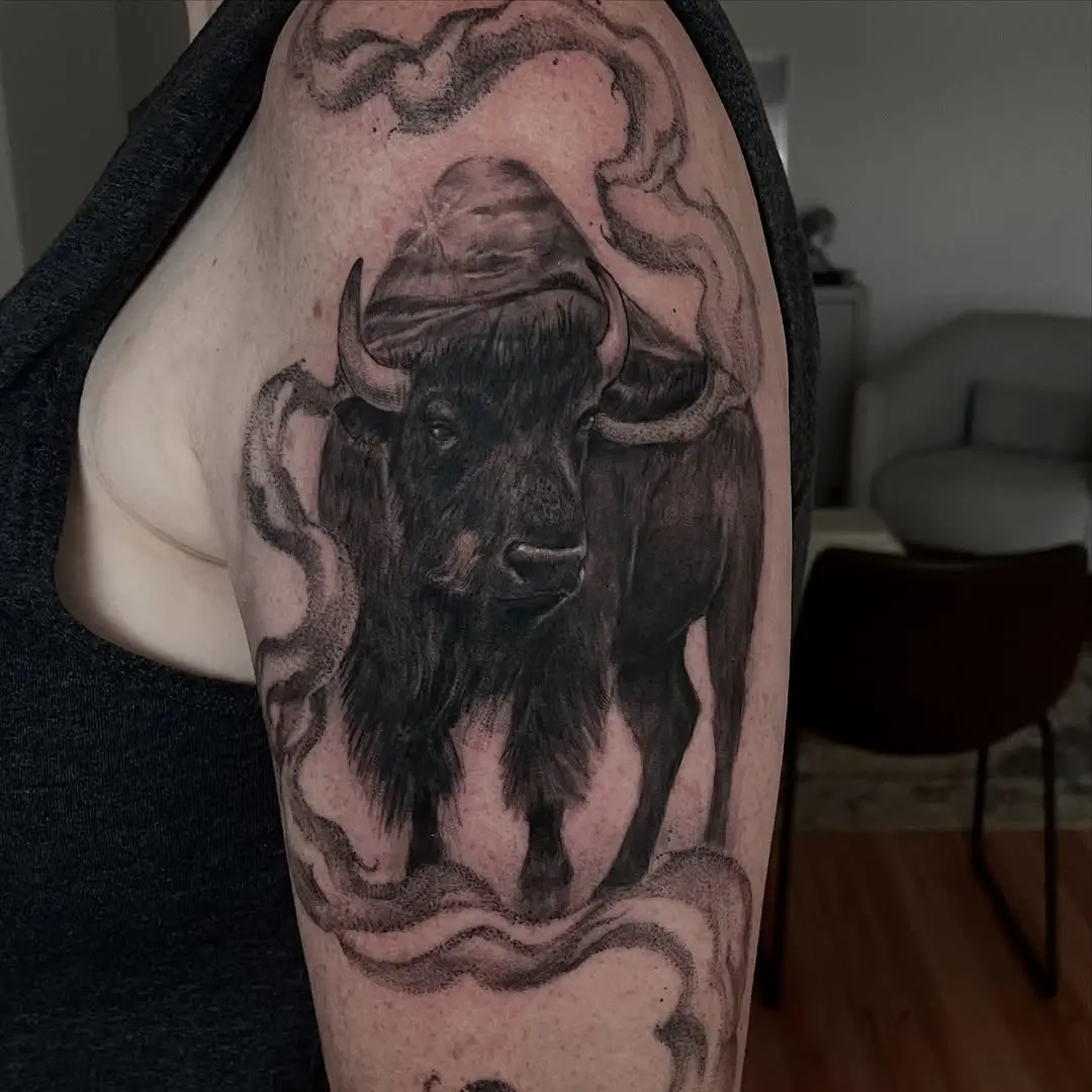 Stunning bison tattoo with intricate shading