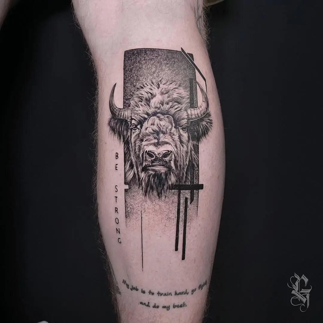 Bold bison tattoo symbolizing strength and resilience.
