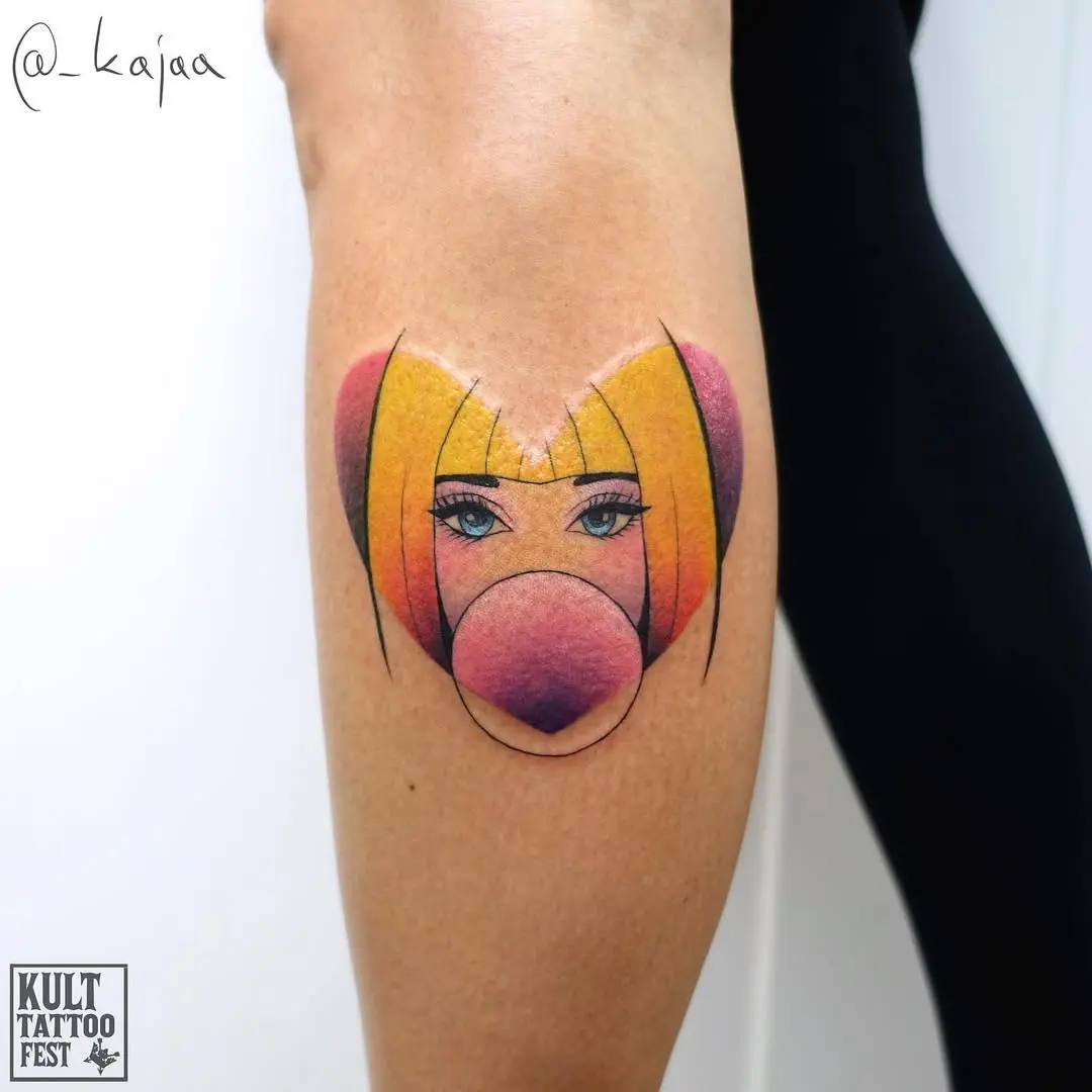 Vibrant bubble gum girl tattoo with playful vibes