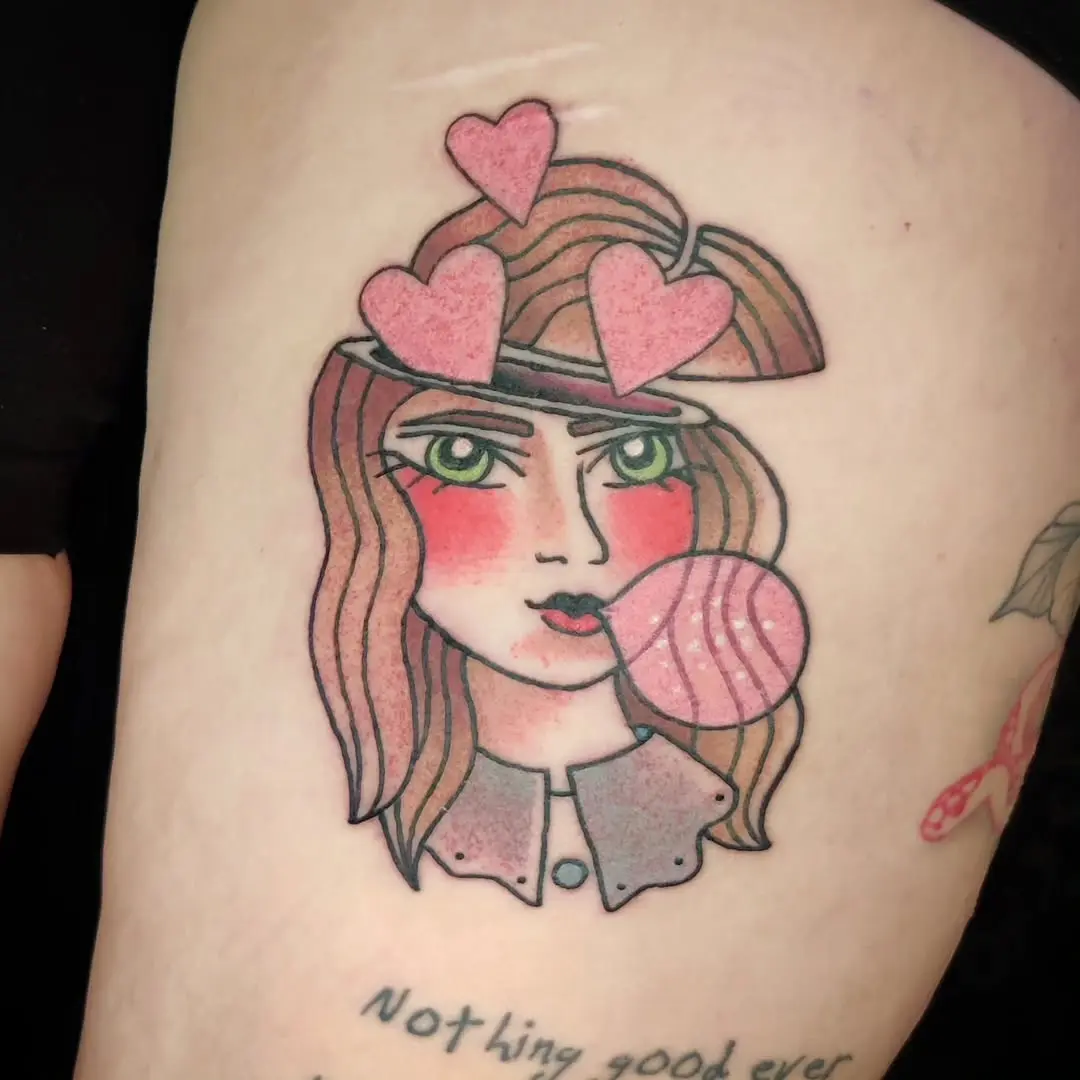 Charming bubble gum tattoo with whimsical hearts