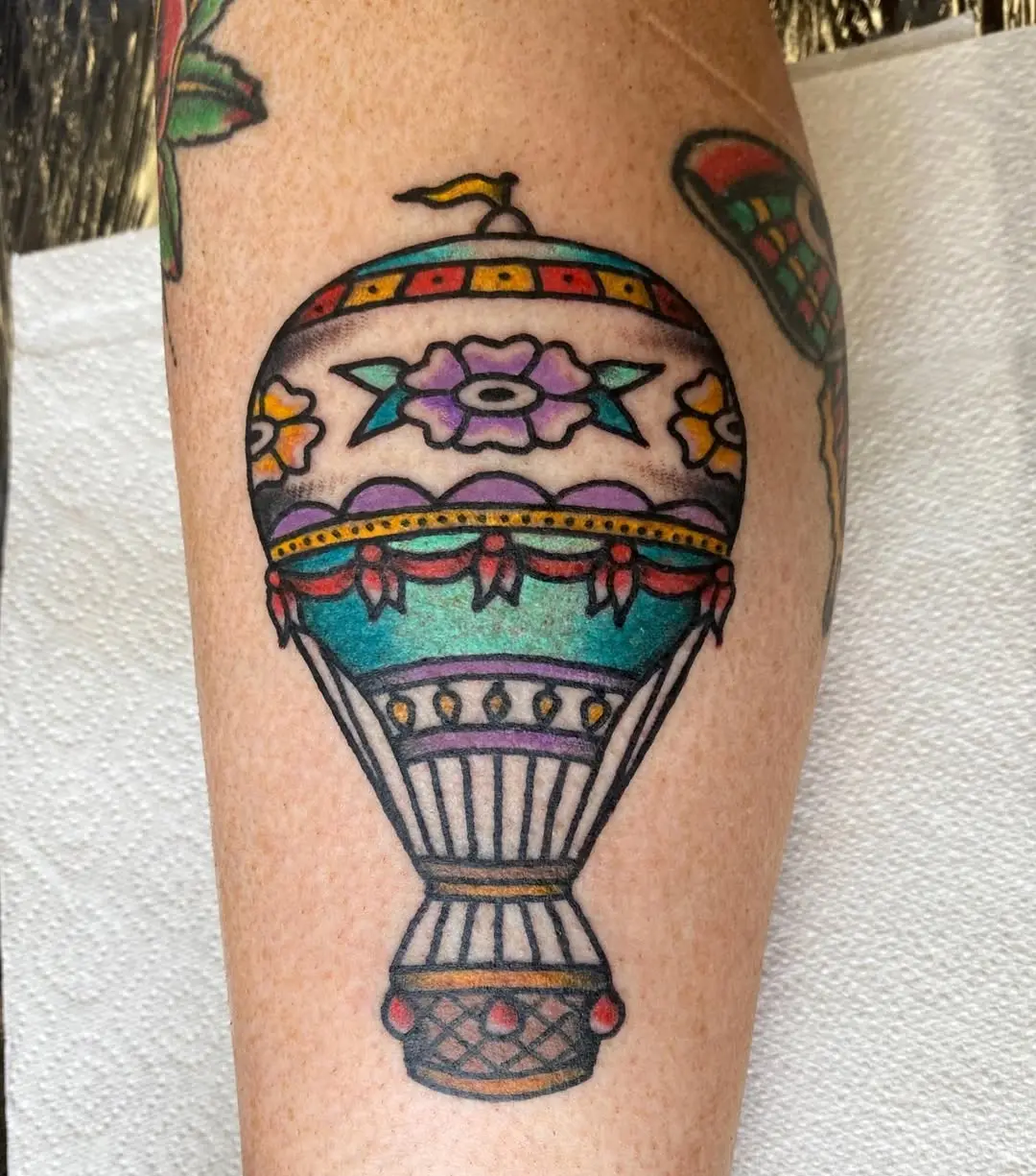 Vibrant hot air balloon tattoo design
