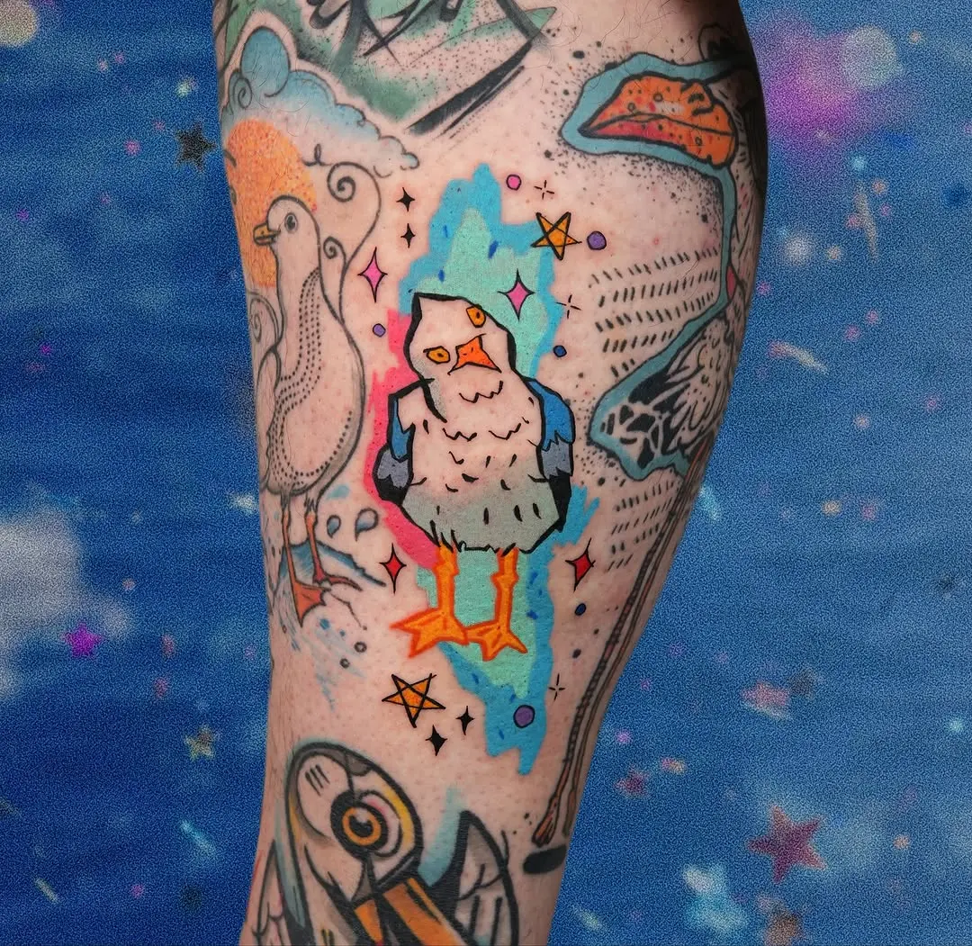 Vibrant Seagull Tattoo with a Playful Touch