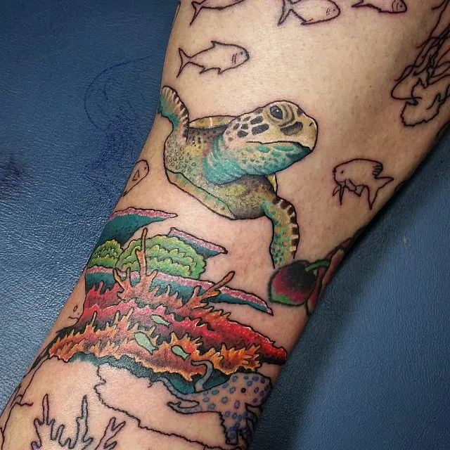 Vibrant Coral Reef Tattoo with Sea Turtle