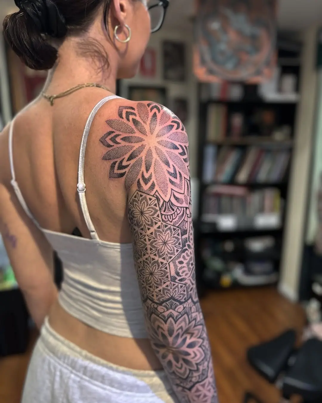 Intricate floral dotwork tattoo design