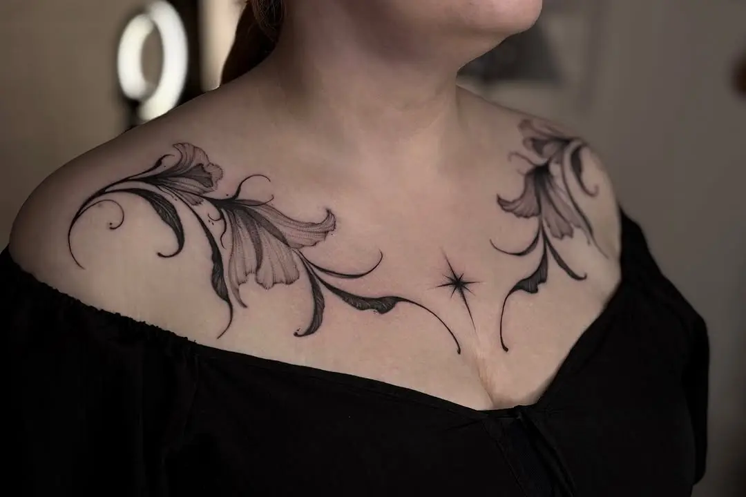 Elegant dotwork floral tattoos for shoulder area