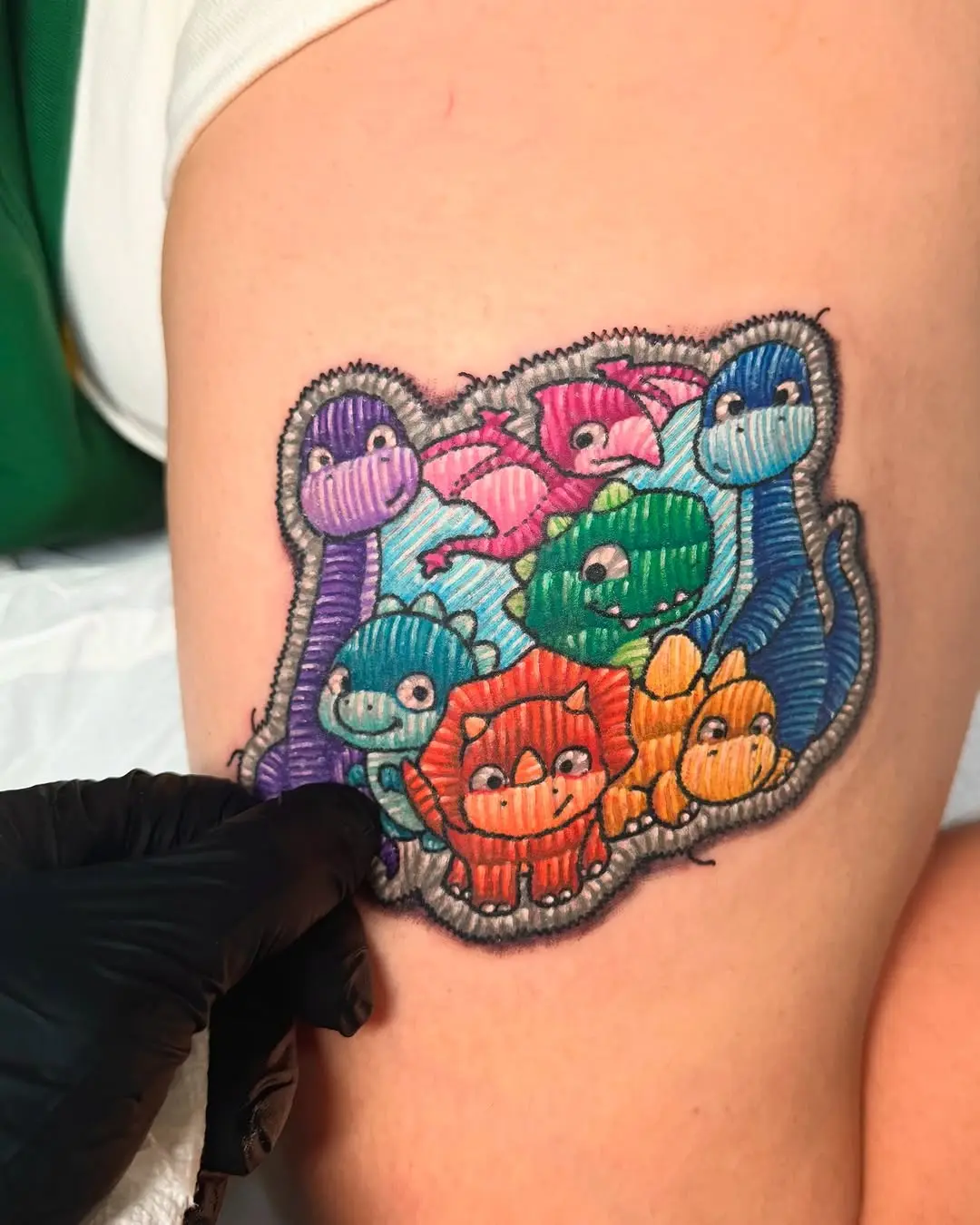 Playful creatures in stitched tattoo style