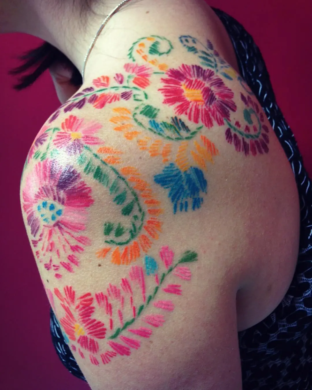 Colorful Floral Embroidery Tattoo on Shoulder