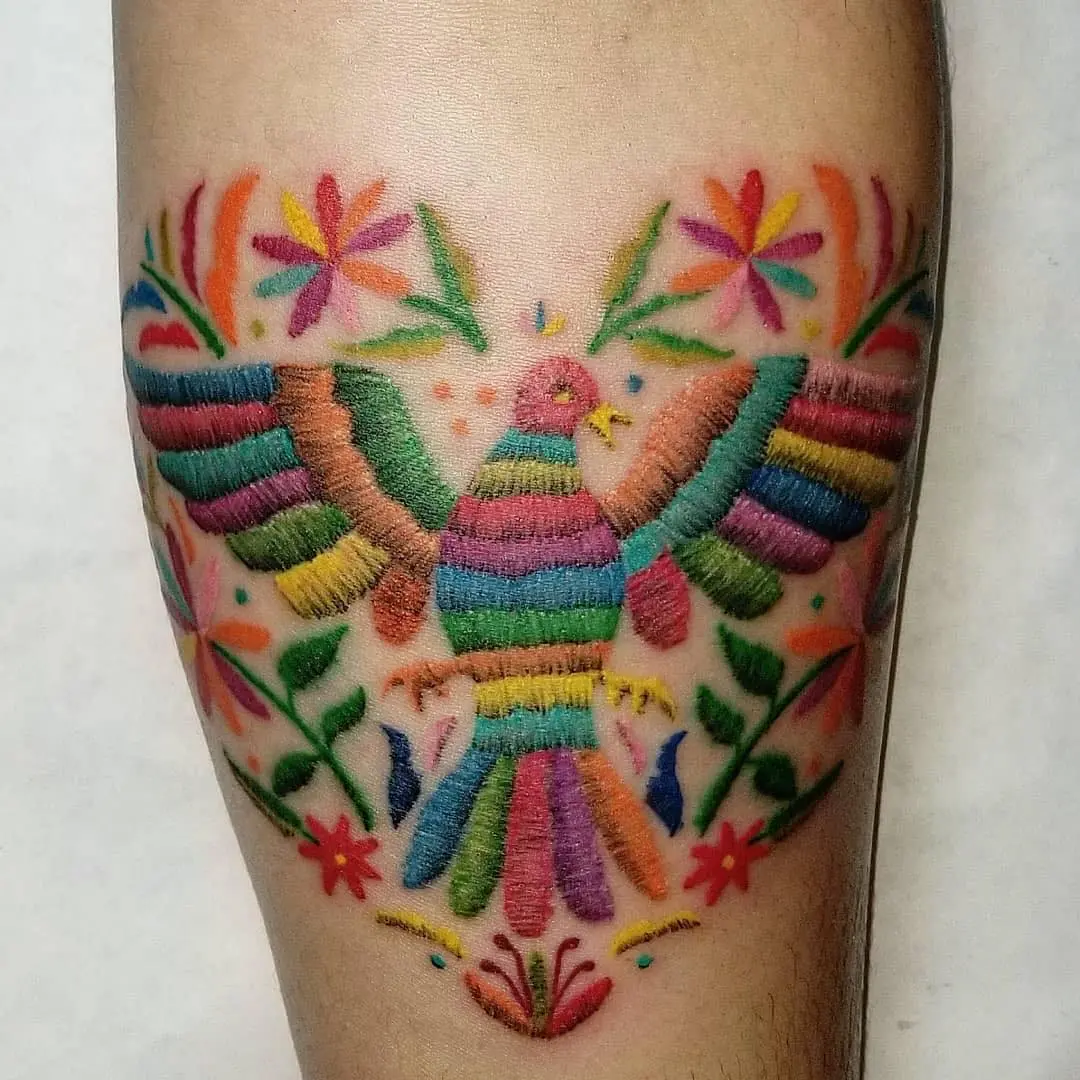 Colorful Embroidery Bird Tattoo Design