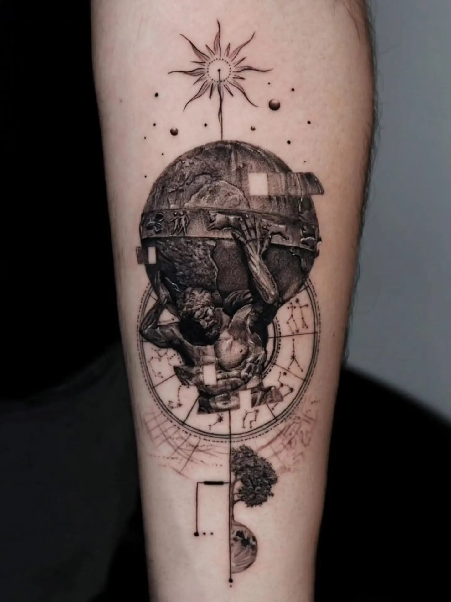 Exquisite fine line globe tattoo design