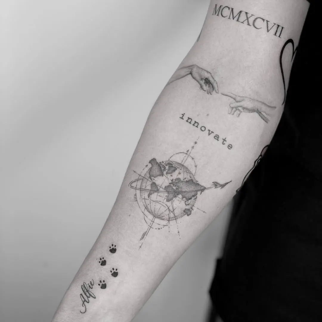 Intricate globe tattoo with meaningful symbols