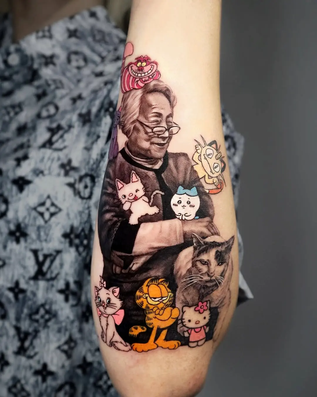 Whimsical Grandma Tattoo with Beloved Pets