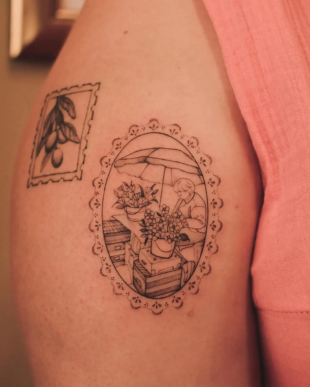Charming gardening scene tattoo with vintage vibes