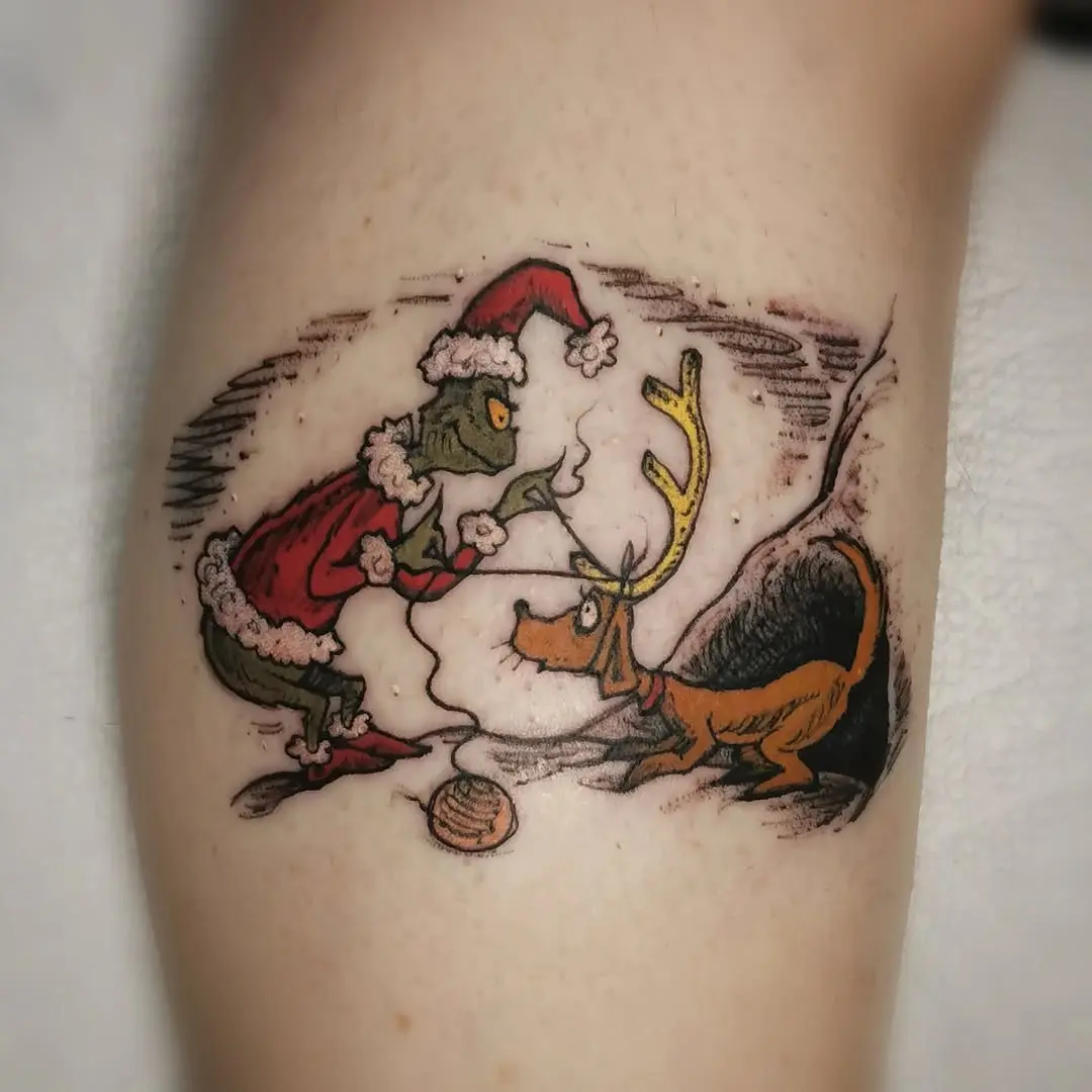 Playful Grinch and Reindeer Tattoo Design