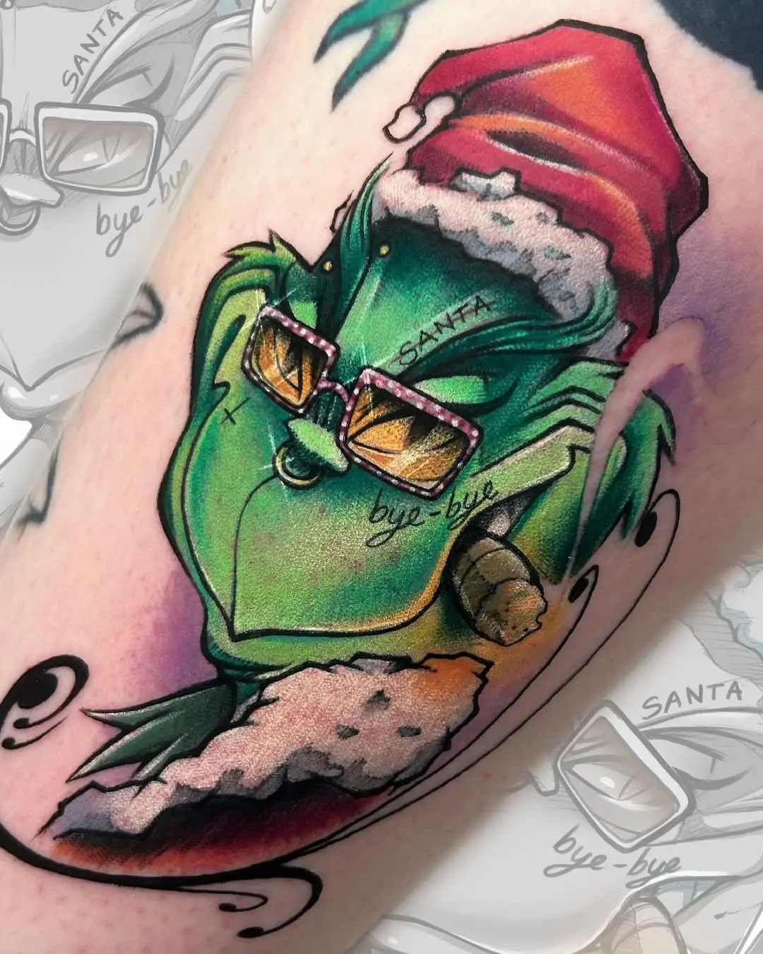 Festive Grinch Tattoo with Stylish Sunglasses