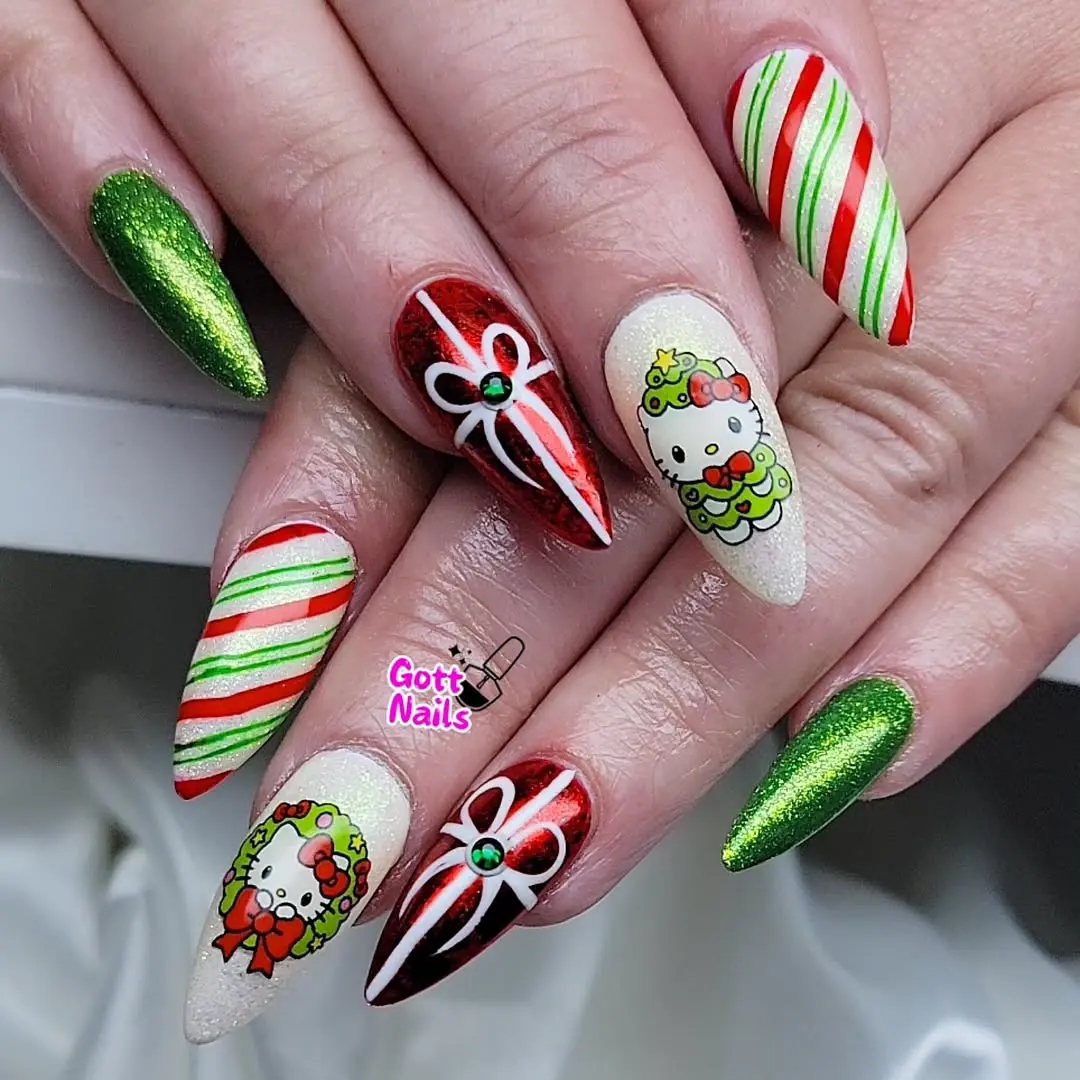 Festive Hello Kitty nail art for holidays