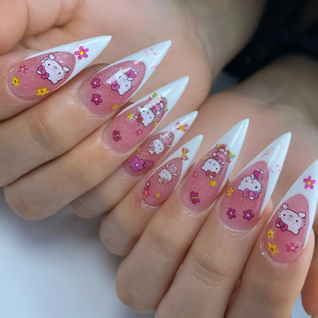Cute Hello Kitty Floral Nail Art Design