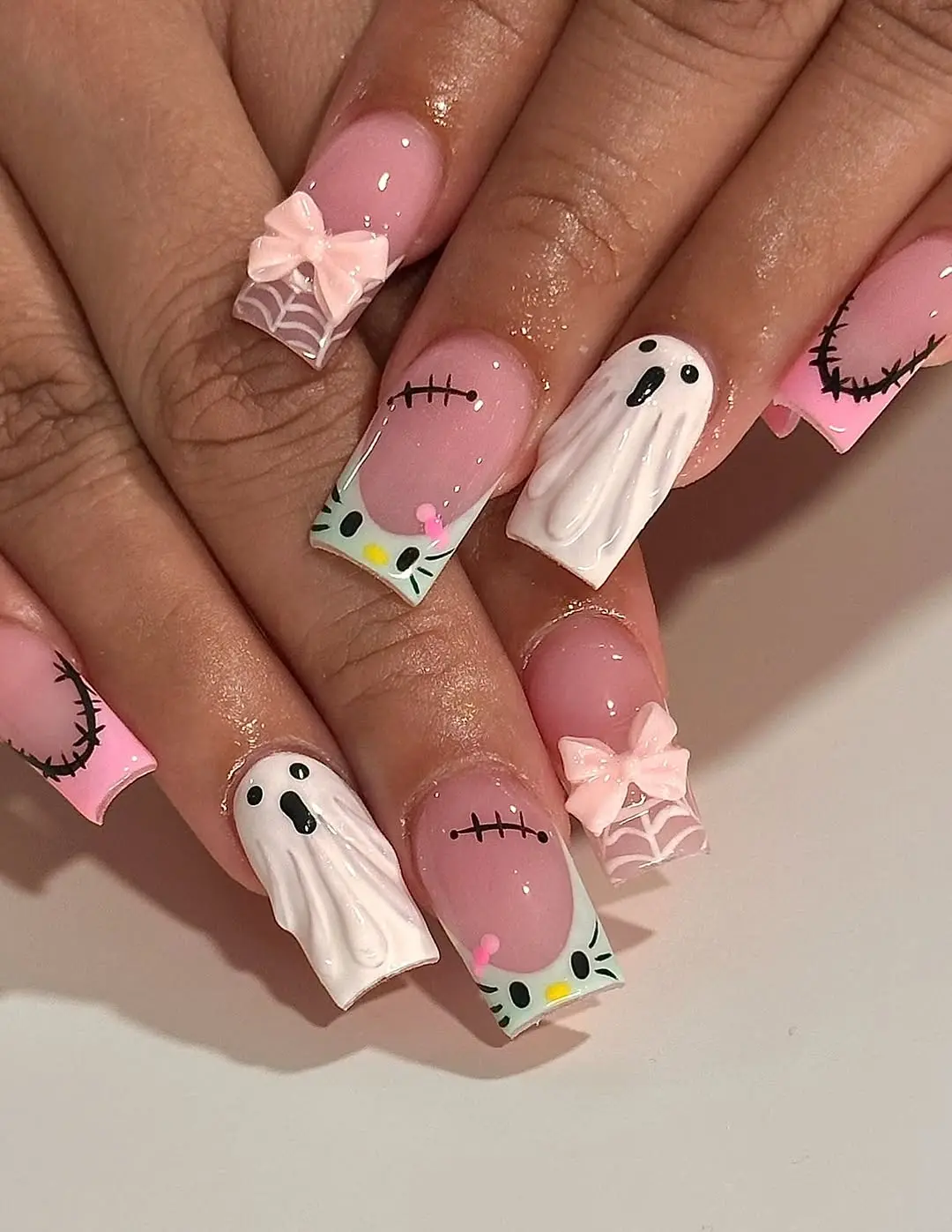 Spooky Hello Kitty Nails with Ghosts and Bows