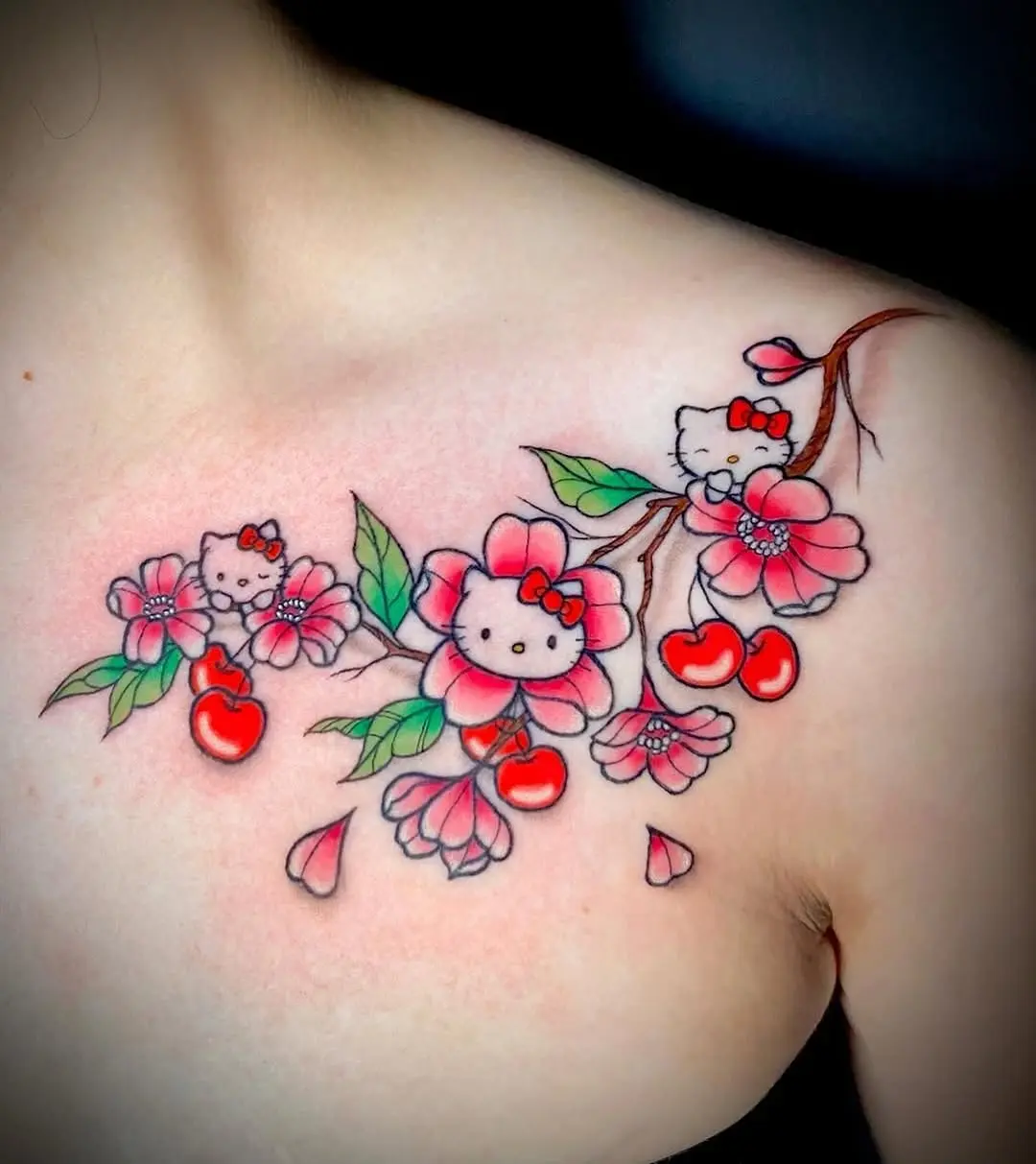 Charming Hello Kitty Floral Tattoo Design