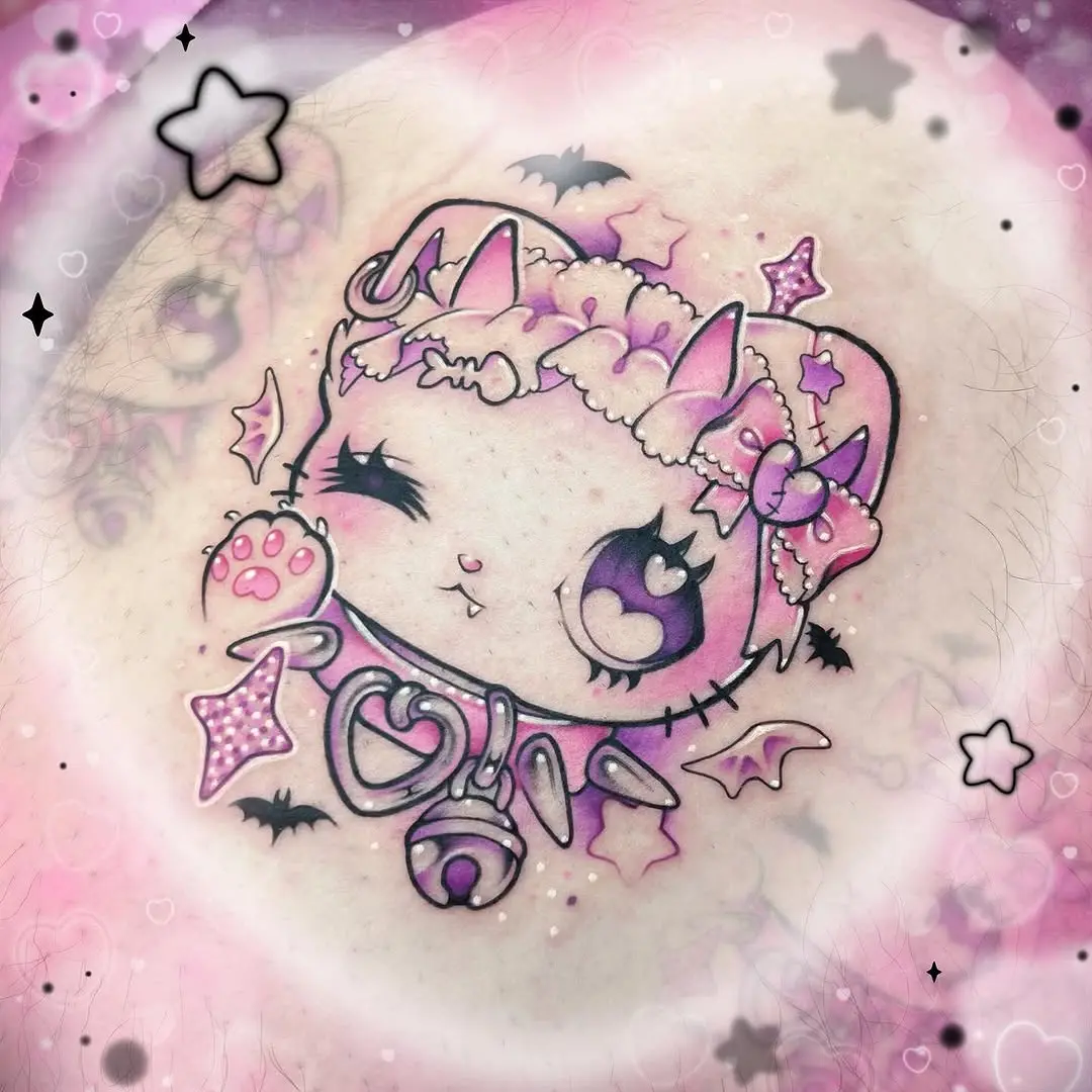 Adorable pink Hello Kitty tattoo with bows