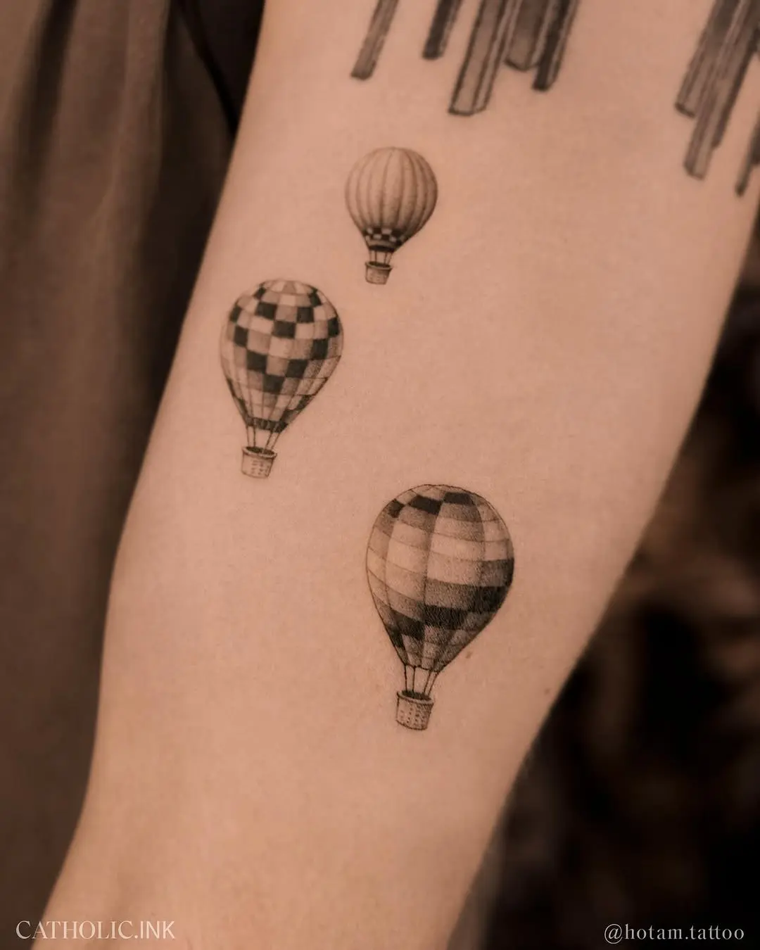Elegant black and gray hot air balloon tattoos