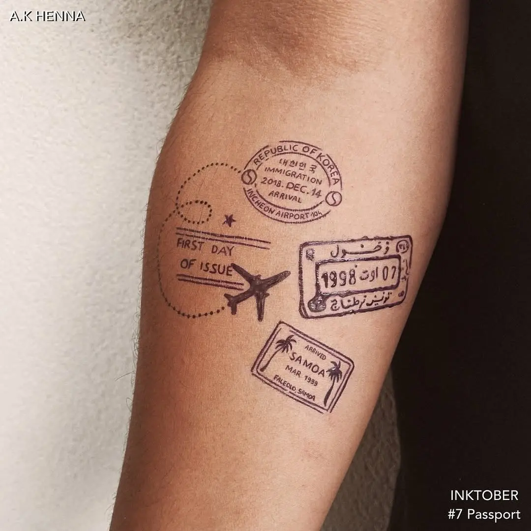 Creative passport tattoo with travel-themed stamps