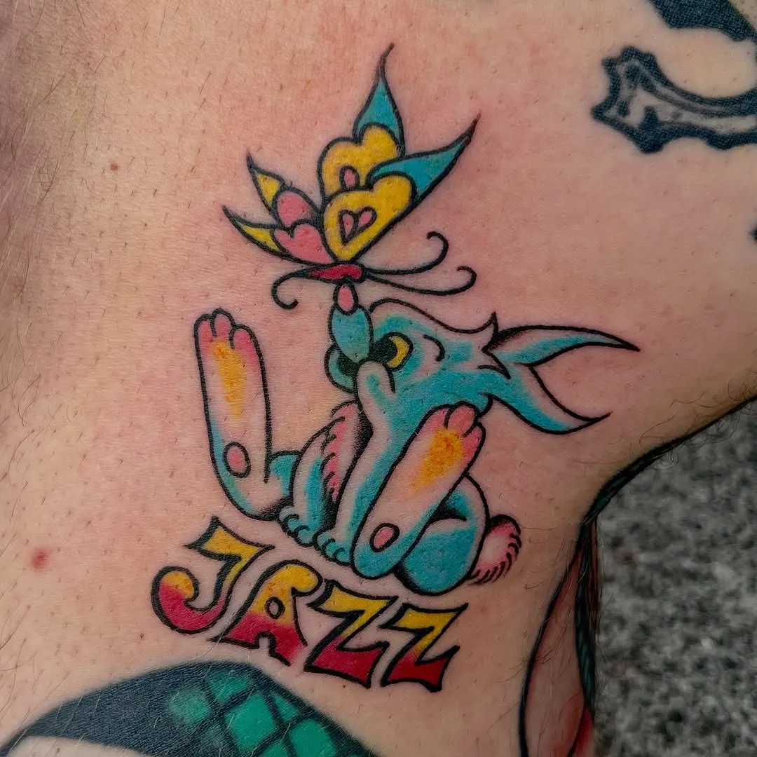 Whimsical Jazz Bunny with Butterfly Tattoo